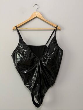 Goth Goddess Goth Princess Biker Whimsigoth Shiny Black Pleather Thong Bodysuit